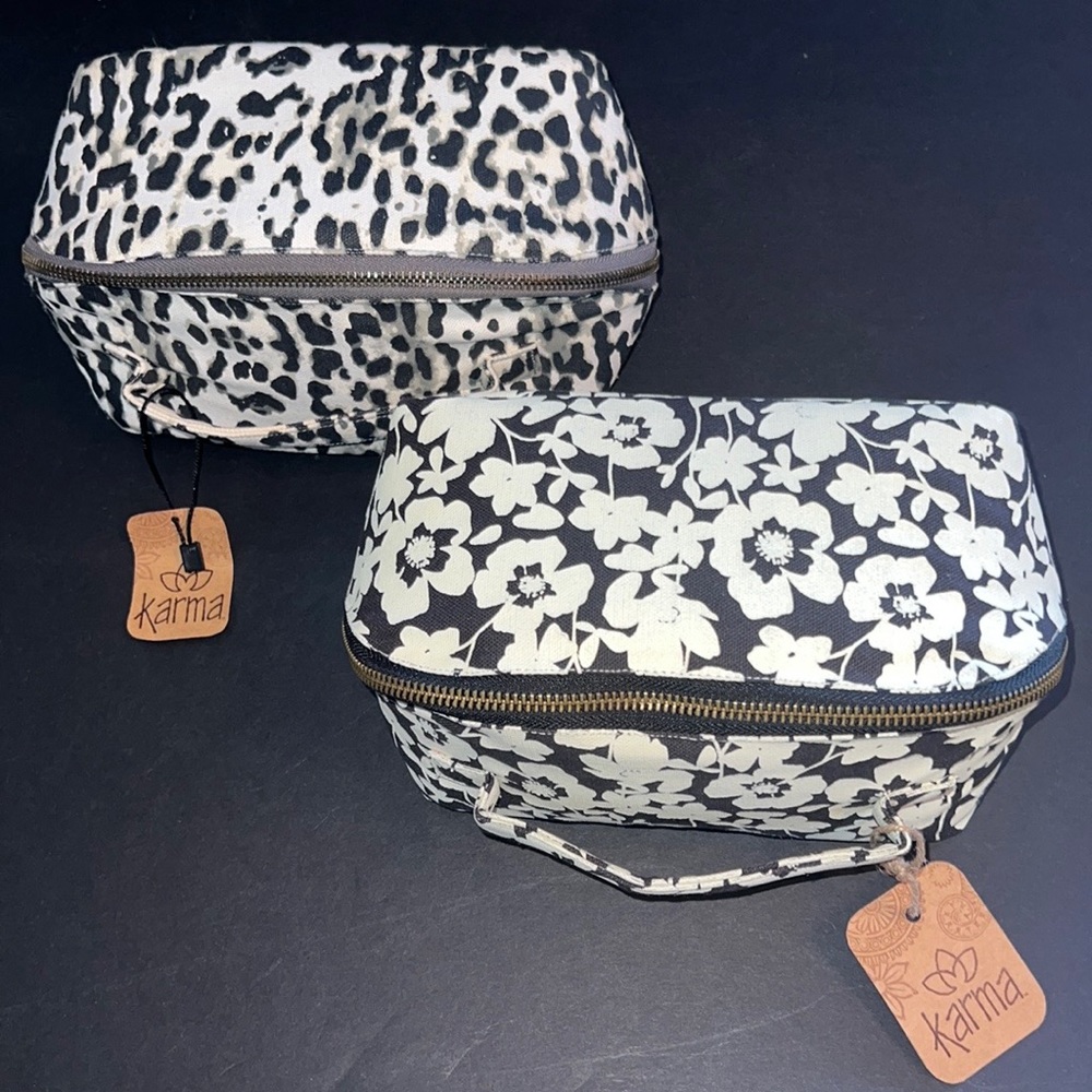 floral print cotton canvas cosmetic bag with handle-zip-closure -NWT